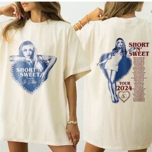 Official Short N' Sweet Tour 2024 Cream Graphic Tee Size Large NWOT